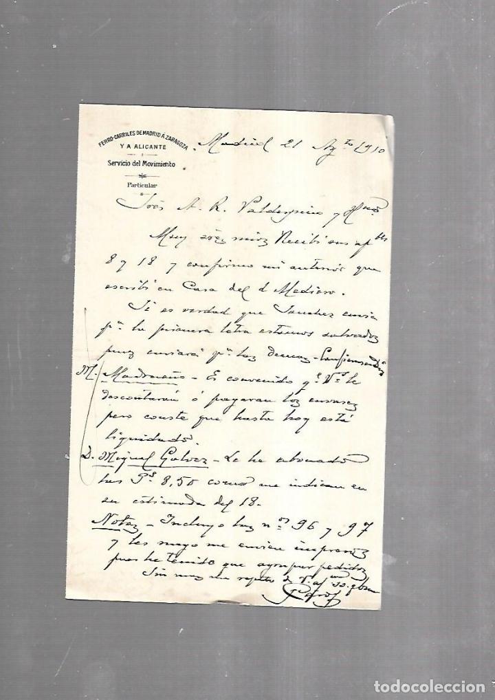 Documenti antichi: CARTA COMERCIAL. FERROCARRILES DE MADRID A ZARAGOZA Y ALICANTE. SERVICIO DEL MOVIMIENTO. 1910