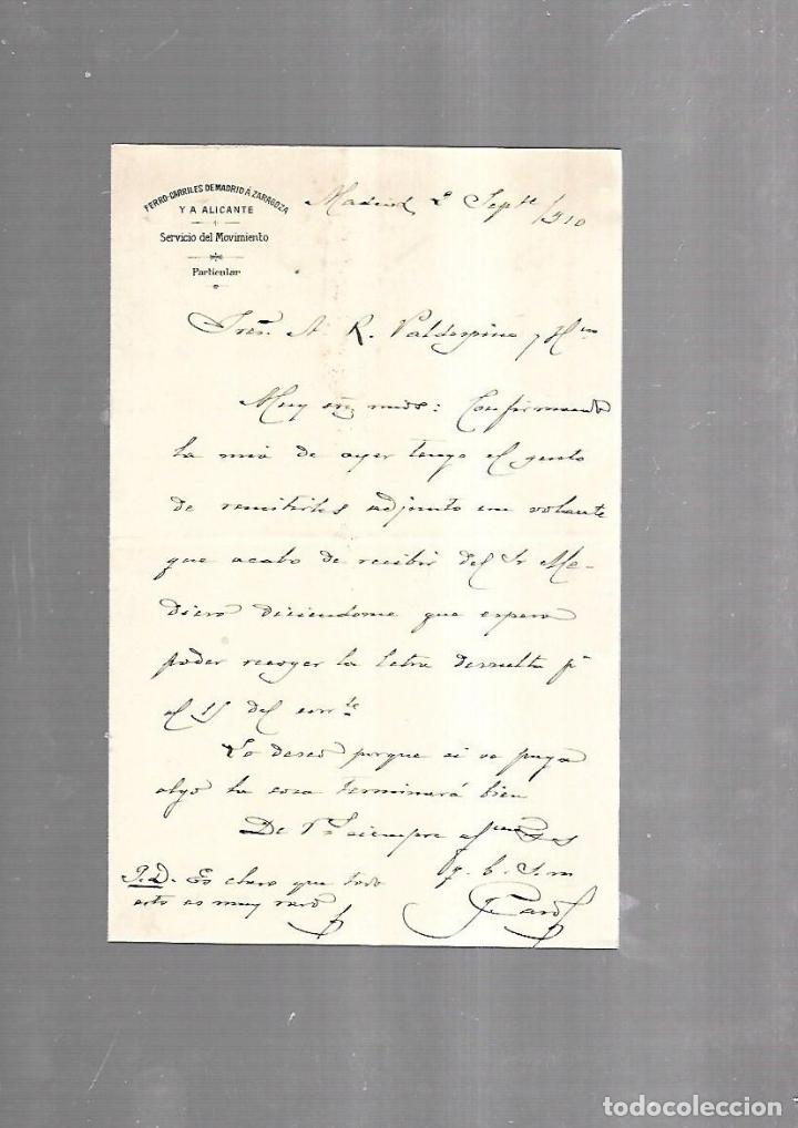 Documenti antichi: CARTA COMERCIAL. FERROCARRILES DE MADRID A ZARAGOZA Y ALICANTE. SERVICIO DEL MOVIMIENTO. 1910