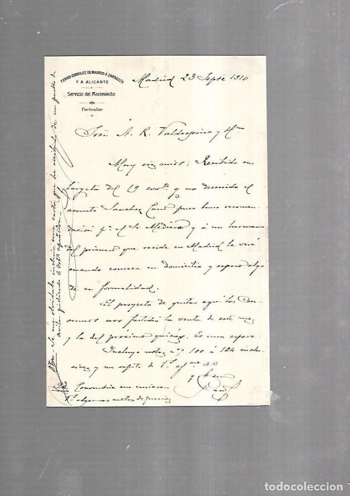 Documenti antichi: CARTA COMERCIAL. FERROCARRILES DE MADRID A ZARAGOZA Y ALICANTE. SERVICIO DEL MOVIMIENTO. 1910