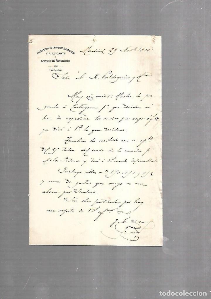 Documents Anciens: CARTA COMERCIAL. FERROCARRILES DE MADRID A ZARAGOZA Y ALICANTE. SERVICIO DEL MOVIMIENTO. 1910