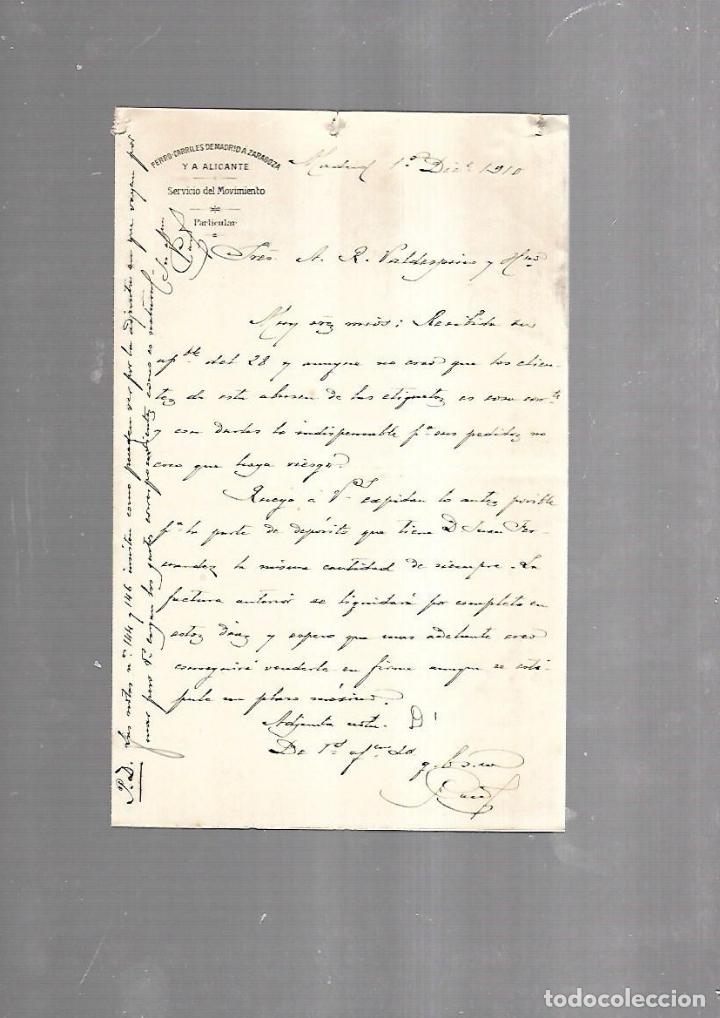 Documents Anciens: CARTA COMERCIAL. FERROCARRILES DE MADRID A ZARAGOZA Y ALICANTE. SERVICIO DEL MOVIMIENTO. 1910
