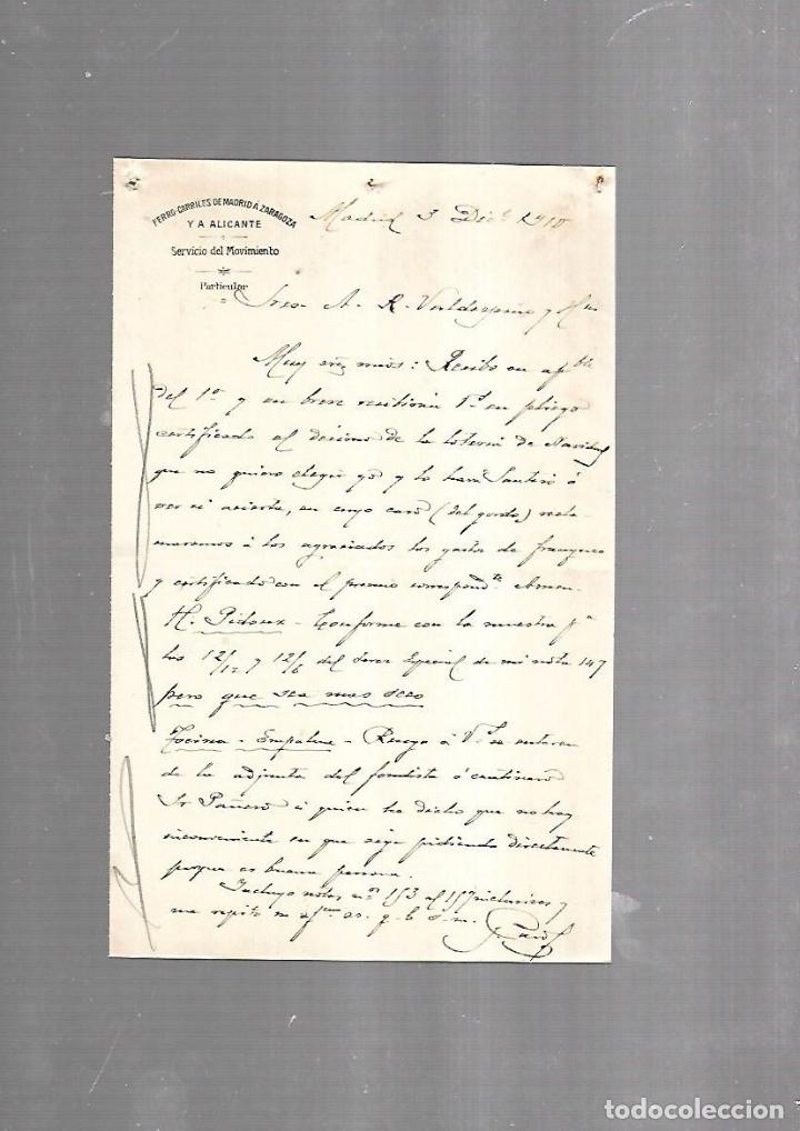 Documents Anciens: CARTA COMERCIAL. FERROCARRILES DE MADRID A ZARAGOZA Y ALICANTE. SERVICIO DEL MOVIMIENTO. 1910
