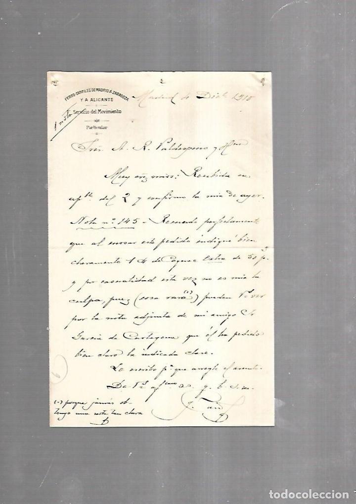 Documents Anciens: CARTA COMERCIAL. FERROCARRILES DE MADRID A ZARAGOZA Y ALICANTE. SERVICIO DEL MOVIMIENTO. 1910