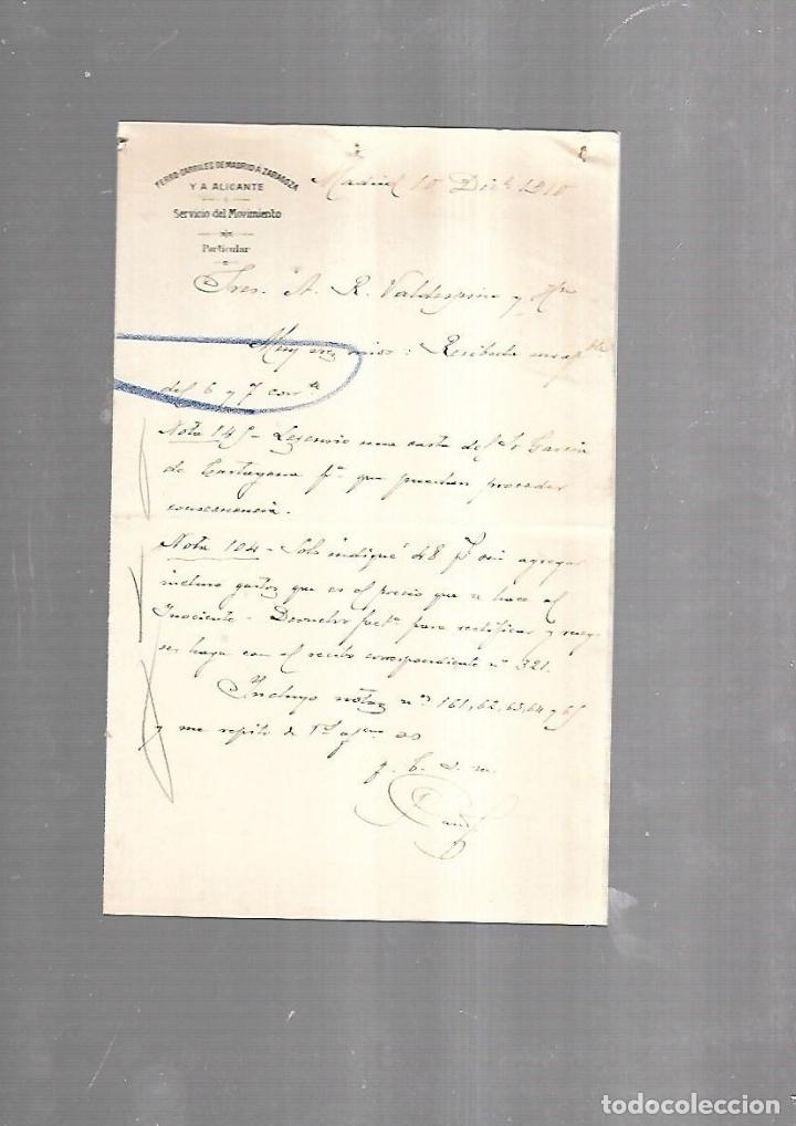 Documents Anciens: CARTA COMERCIAL. FERROCARRILES DE MADRID A ZARAGOZA Y ALICANTE. SERVICIO DEL MOVIMIENTO. 1910