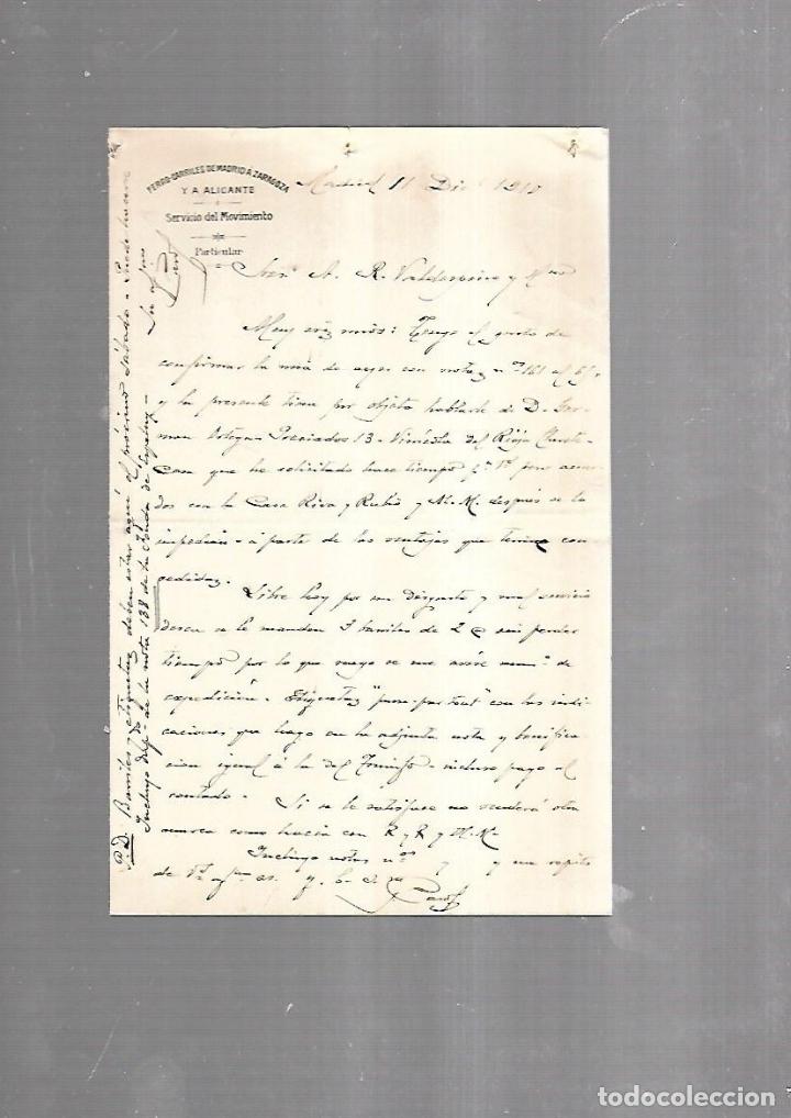 Documents Anciens: CARTA COMERCIAL. FERROCARRILES DE MADRID A ZARAGOZA Y ALICANTE. SERVICIO DEL MOVIMIENTO. 1910