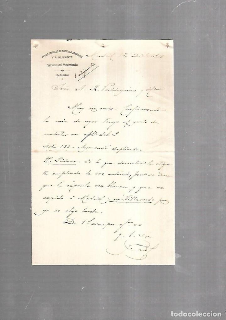 Documentos antiguos: CARTA COMERCIAL. FERROCARRILES DE MADRID A ZARAGOZA Y ALICANTE. SERVICIO DEL MOVIMIENTO. 1910