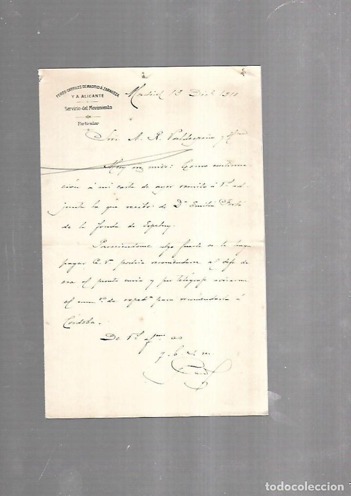 Documents Anciens: CARTA COMERCIAL. FERROCARRILES DE MADRID A ZARAGOZA Y ALICANTE. SERVICIO DEL MOVIMIENTO. 1910