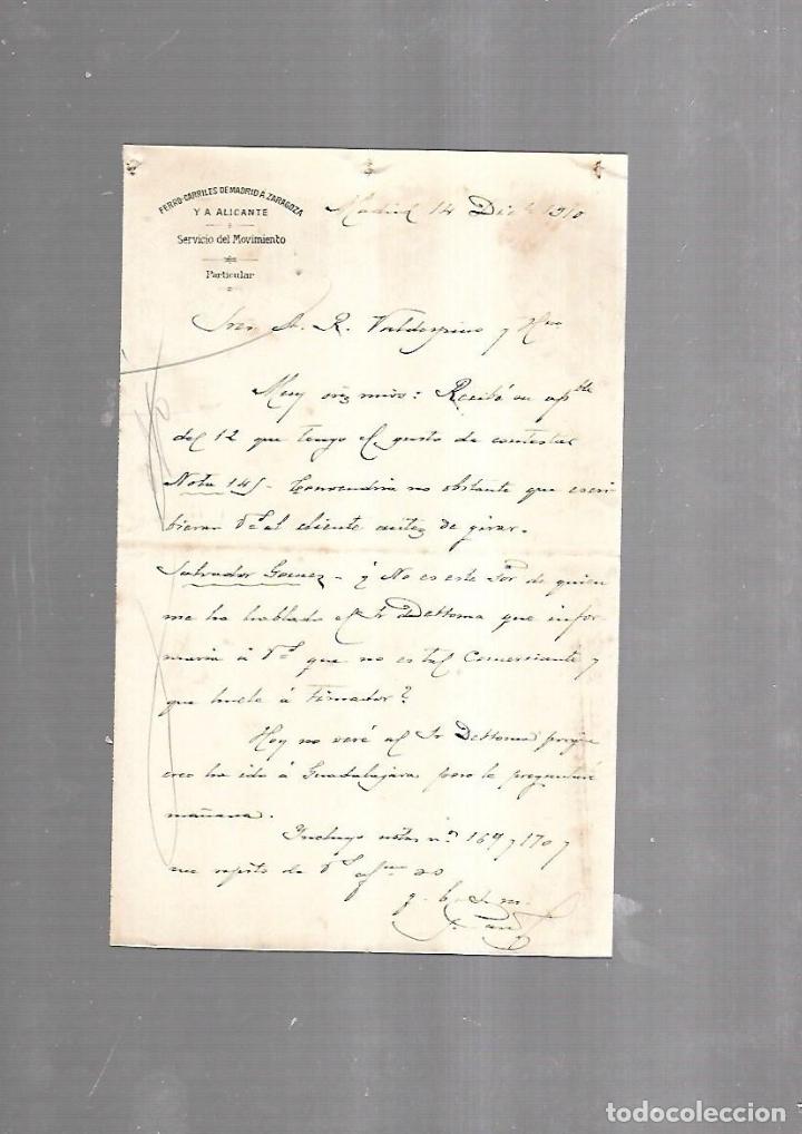 Documents Anciens: CARTA COMERCIAL. FERROCARRILES DE MADRID A ZARAGOZA Y ALICANTE. SERVICIO DEL MOVIMIENTO. 1910