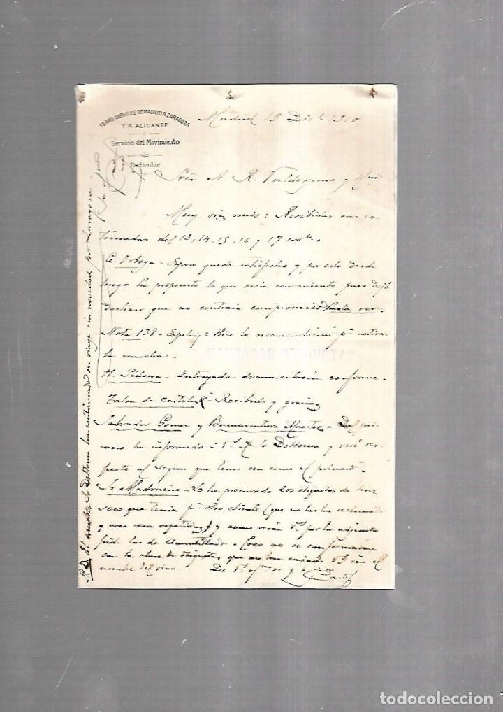 Documents Anciens: CARTA COMERCIAL. FERROCARRILES DE MADRID A ZARAGOZA Y ALICANTE. SERVICIO DEL MOVIMIENTO. 1910