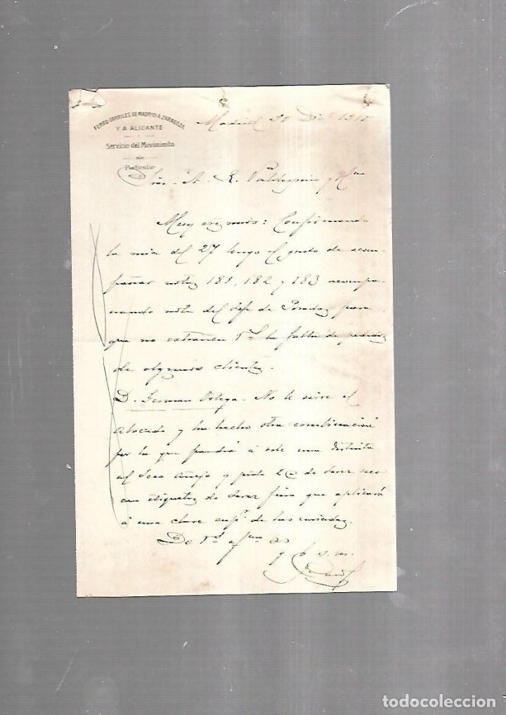 Documents Anciens: CARTA COMERCIAL. FERROCARRILES DE MADRID A ZARAGOZA Y ALICANTE. SERVICIO DEL MOVIMIENTO. 1910