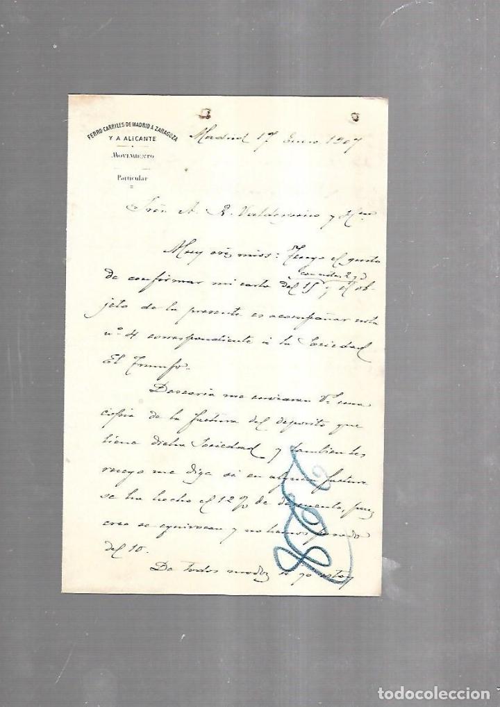 Documents Anciens: CARTA COMERCIAL. FERROCARRILES DE MADRID A ZARAGOZA Y ALICANTE. MOVIMIENTO. 1907