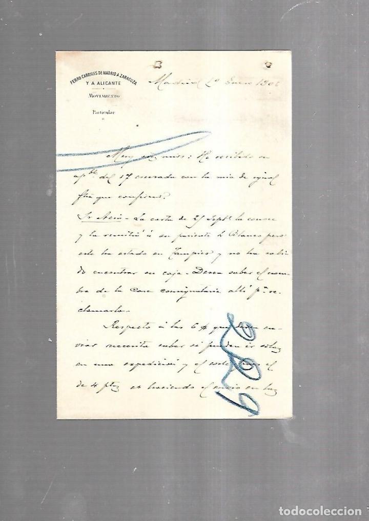 Documentos antiguos: CARTA COMERCIAL. FERROCARRILES DE MADRID A ZARAGOZA Y ALICANTE. MOVIMIENTO. 1906