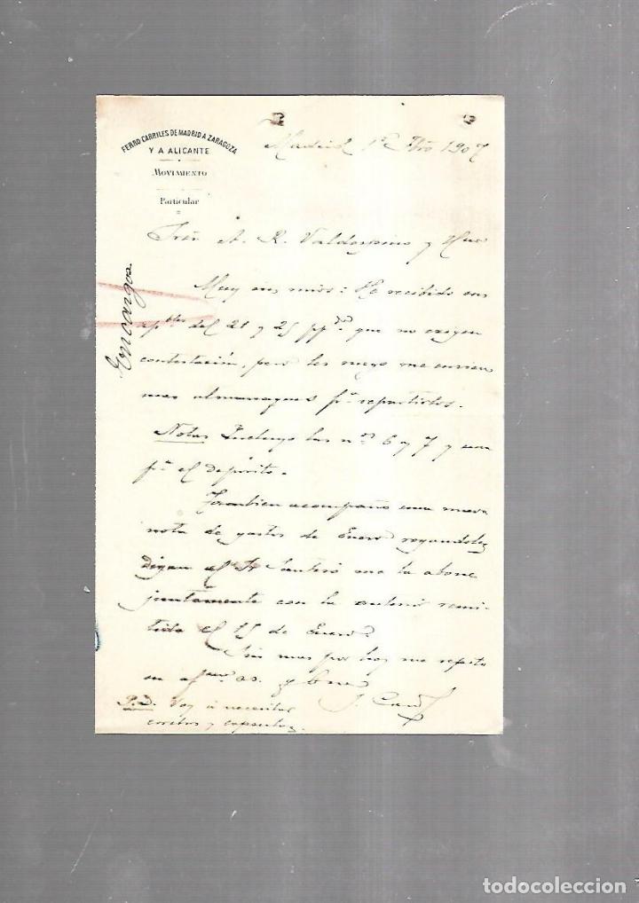 Documentos antiguos: CARTA COMERCIAL. FERROCARRILES DE MADRID A ZARAGOZA Y ALICANTE. MOVIMIENTO. 1907