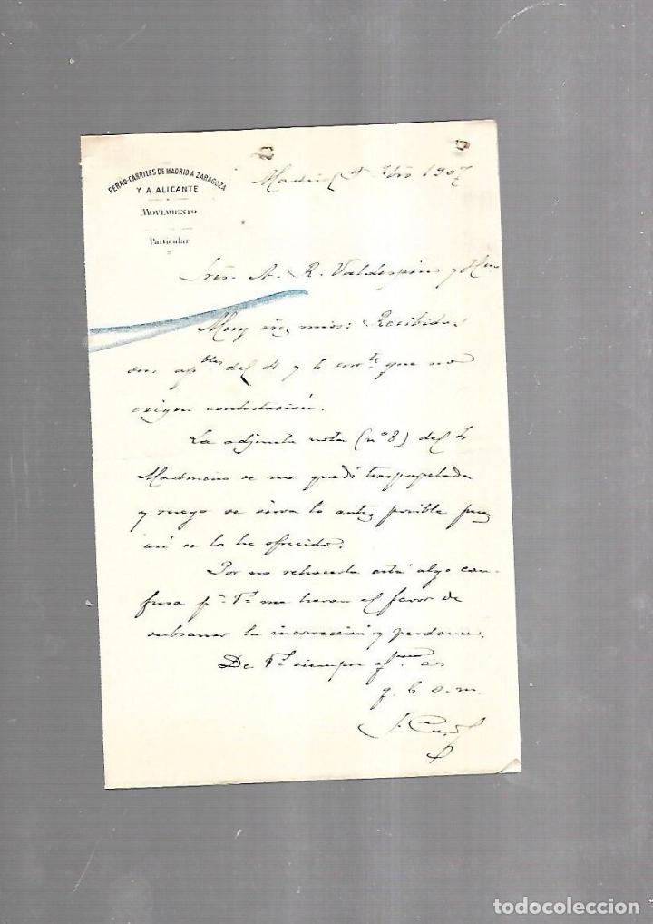 Documentos antiguos: CARTA COMERCIAL. FERROCARRILES DE MADRID A ZARAGOZA Y ALICANTE. MOVIMIENTO. 1907