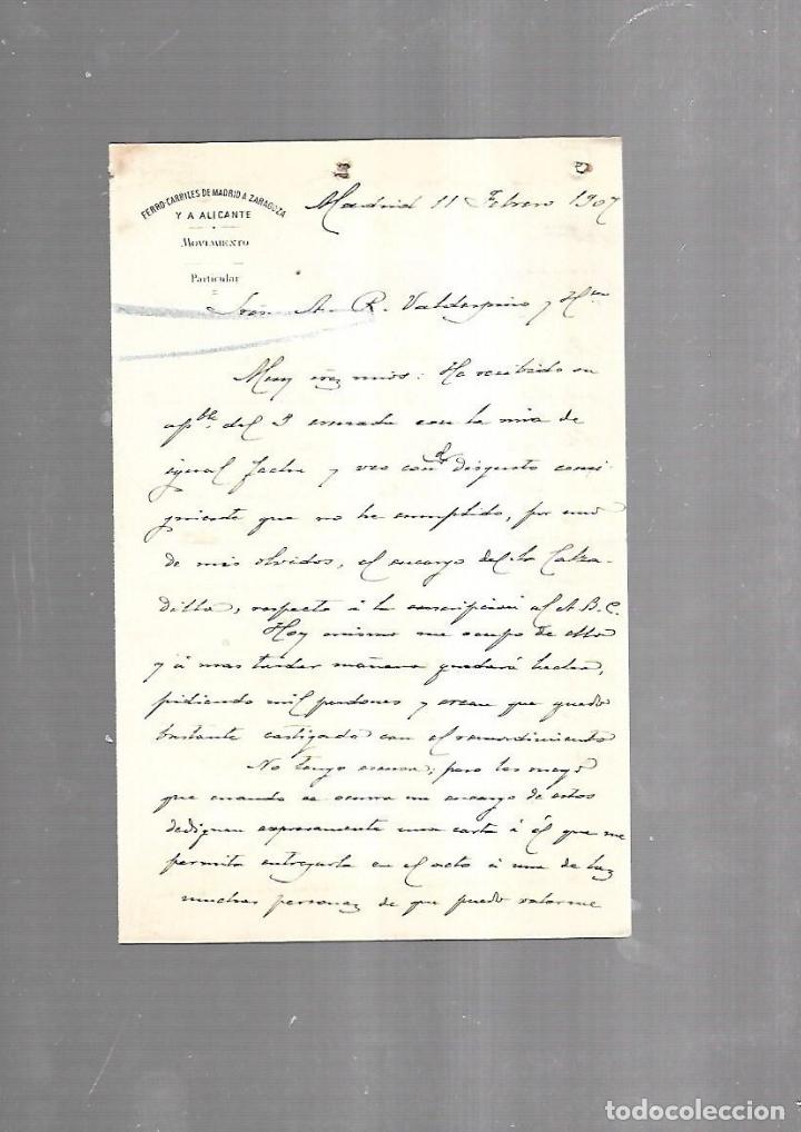 Documentos antiguos: CARTA COMERCIAL. FERROCARRILES DE MADRID A ZARAGOZA Y ALICANTE. MOVIMIENTO. 1907