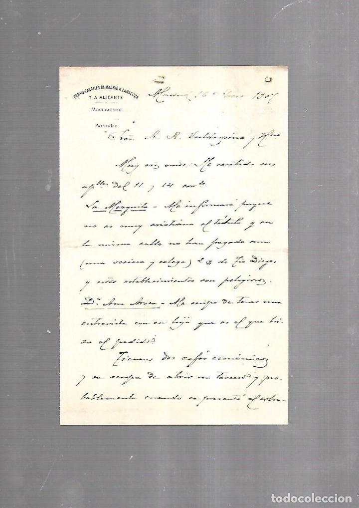 Documentos antiguos: CARTA COMERCIAL. FERROCARRILES DE MADRID A ZARAGOZA Y ALICANTE. MOVIMIENTO. 1907