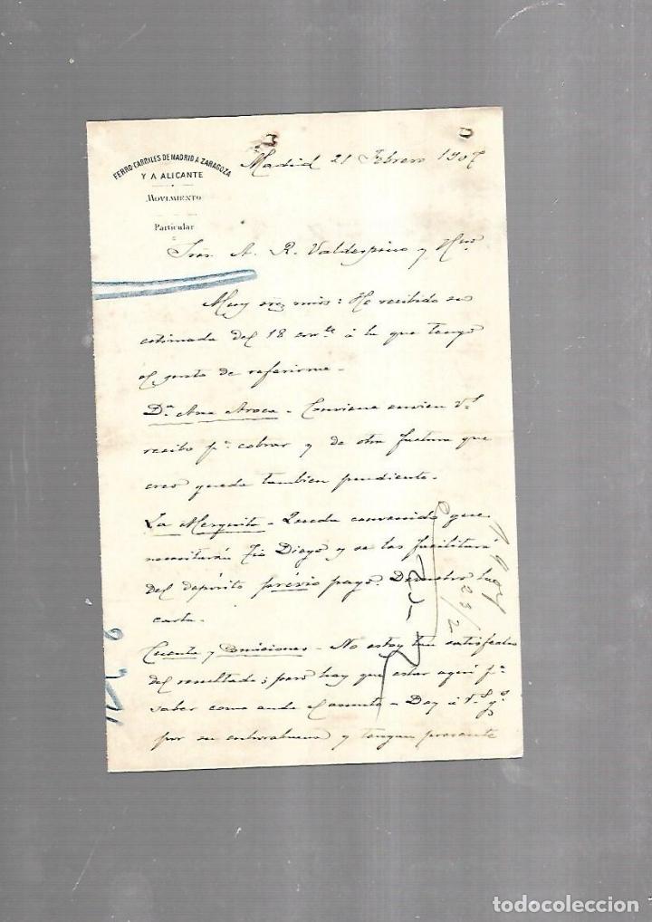 Documentos antiguos: CARTA COMERCIAL. FERROCARRILES DE MADRID A ZARAGOZA Y ALICANTE. MOVIMIENTO. 1907