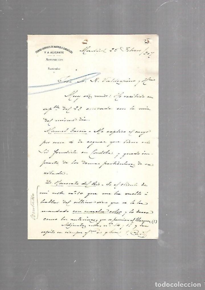 Documentos antiguos: CARTA COMERCIAL. FERROCARRILES DE MADRID A ZARAGOZA Y ALICANTE. MOVIMIENTO. 1907