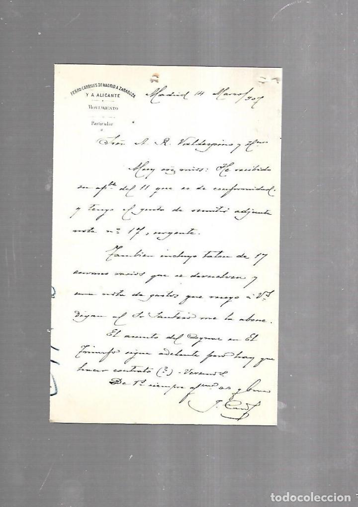 Documentos antiguos: CARTA COMERCIAL. FERROCARRILES DE MADRID A ZARAGOZA Y ALICANTE. SERVICIO DEL MOVIMIENTO. 1910