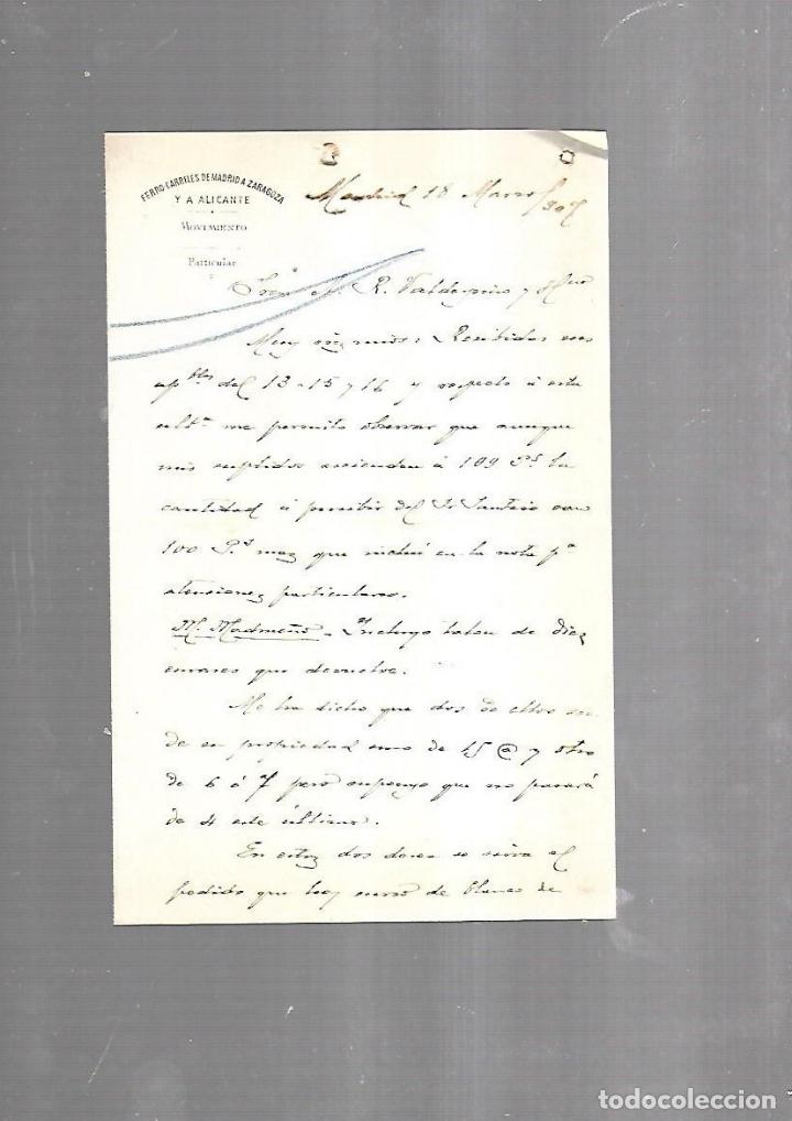 Documentos antiguos: CARTA COMERCIAL. FERROCARRILES DE MADRID A ZARAGOZA Y ALICANTE. SERVICIO DEL MOVIMIENTO. 1910