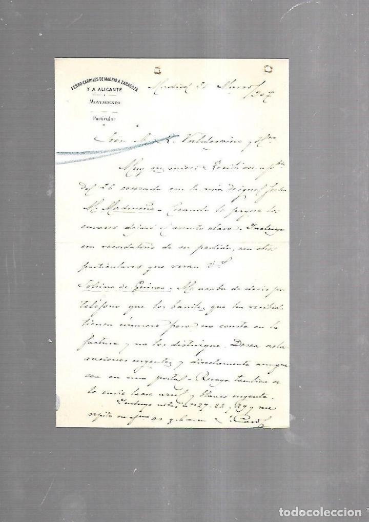 Documentos antiguos: CARTA COMERCIAL. FERROCARRILES DE MADRID A ZARAGOZA Y ALICANTE. SERVICIO DEL MOVIMIENTO. 1910