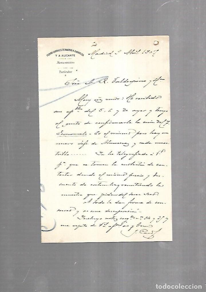 Documentos antiguos: CARTA COMERCIAL. FERROCARRILES DE MADRID A ZARAGOZA Y ALICANTE. SERVICIO DEL MOVIMIENTO. 1910