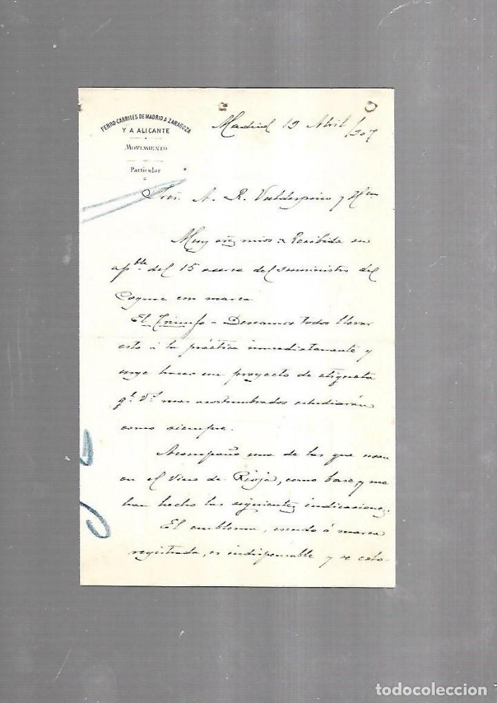 Documents Anciens: CARTA COMERCIAL. FERROCARRILES DE MADRID A ZARAGOZA Y ALICANTE. SERVICIO DEL MOVIMIENTO. 1910