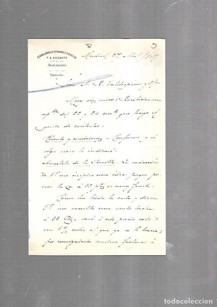 Documents Anciens: CARTA COMERCIAL. FERROCARRILES DE MADRID A ZARAGOZA Y ALICANTE. SERVICIO DEL MOVIMIENTO. 1910
