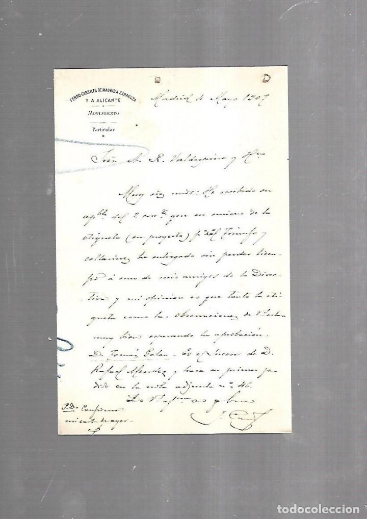 Documents Anciens: CARTA COMERCIAL. FERROCARRILES DE MADRID A ZARAGOZA Y ALICANTE. SERVICIO DEL MOVIMIENTO. 1910