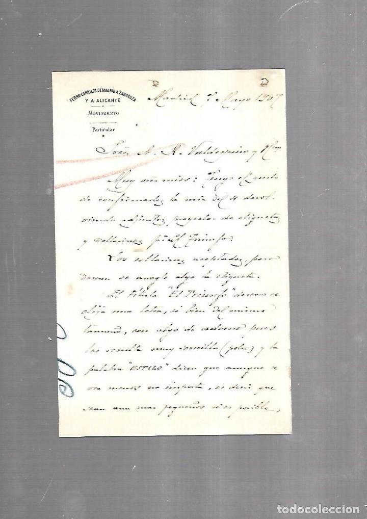 Documents Anciens: CARTA COMERCIAL. FERROCARRILES DE MADRID A ZARAGOZA Y ALICANTE. SERVICIO DEL MOVIMIENTO. 1910