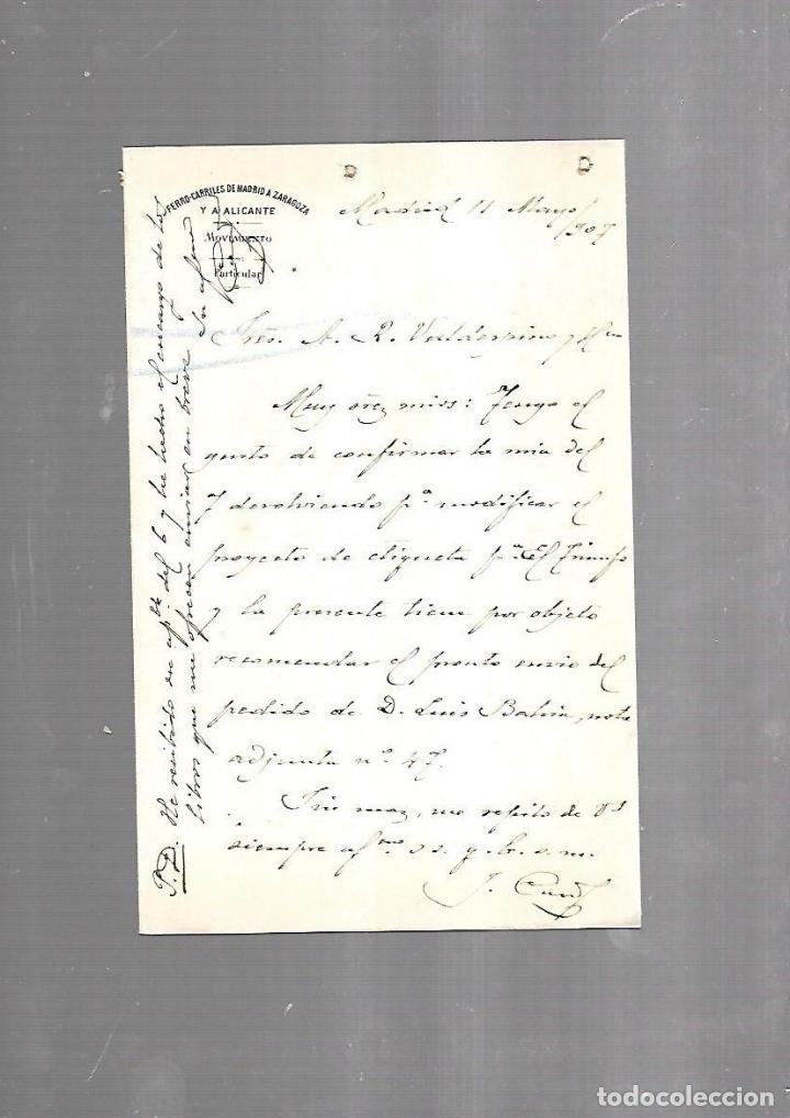 Documents Anciens: CARTA COMERCIAL. FERROCARRILES DE MADRID A ZARAGOZA Y ALICANTE. SERVICIO DEL MOVIMIENTO. 1910
