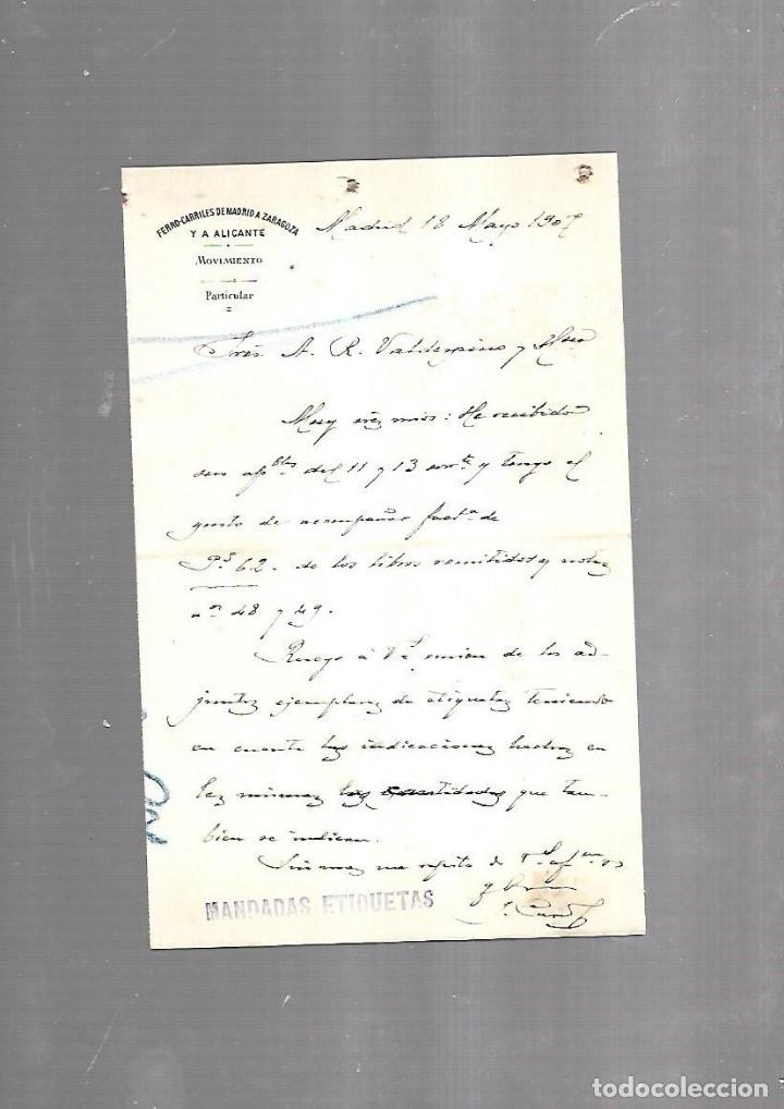 Documents Anciens: CARTA COMERCIAL. FERROCARRILES DE MADRID A ZARAGOZA Y ALICANTE. SERVICIO DEL MOVIMIENTO. 1910