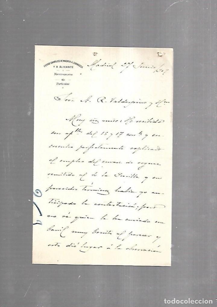 Documents Anciens: CARTA COMERCIAL. FERROCARRILES DE MADRID A ZARAGOZA Y ALICANTE. SERVICIO DEL MOVIMIENTO. 1910