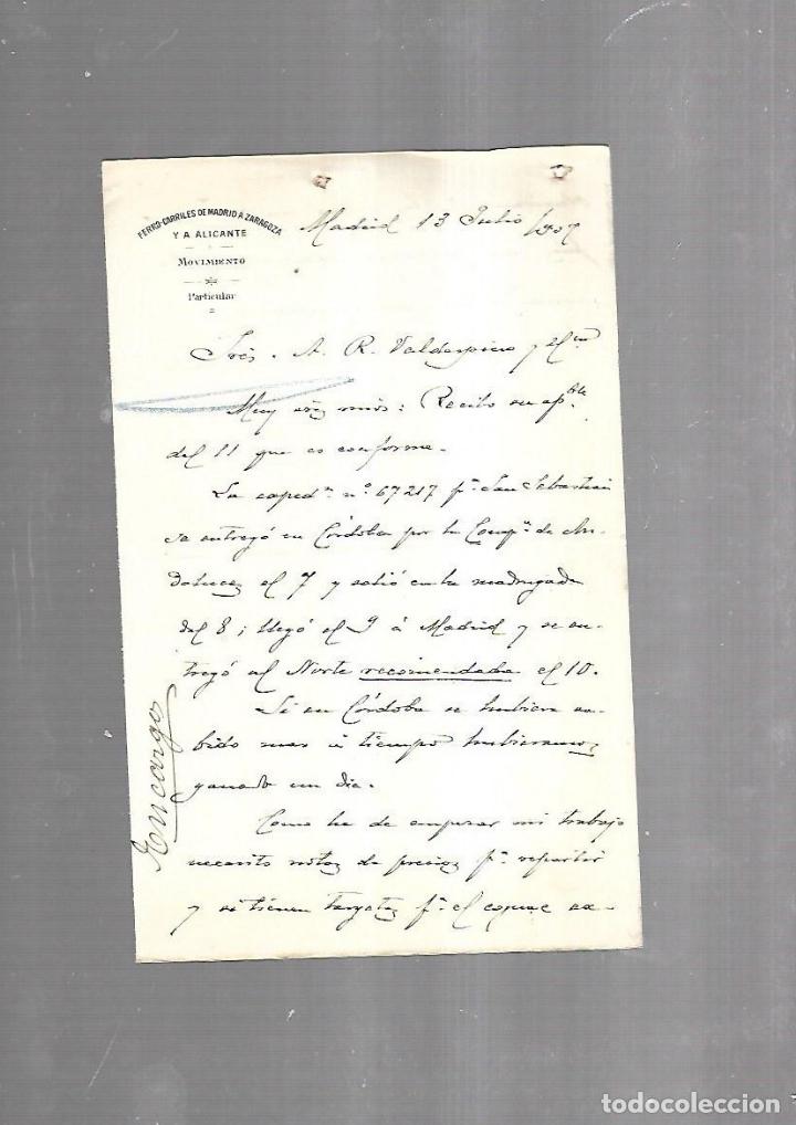 Documentos antiguos: CARTA COMERCIAL. FERROCARRILES DE MADRID A ZARAGOZA Y ALICANTE. SERVICIO DEL MOVIMIENTO. 1910