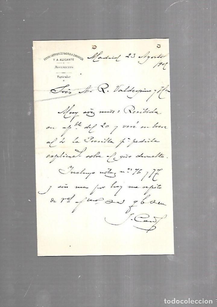 Documenti antichi: CARTA COMERCIAL. FERROCARRILES DE MADRID A ZARAGOZA Y ALICANTE. SERVICIO DEL MOVIMIENTO. 1910