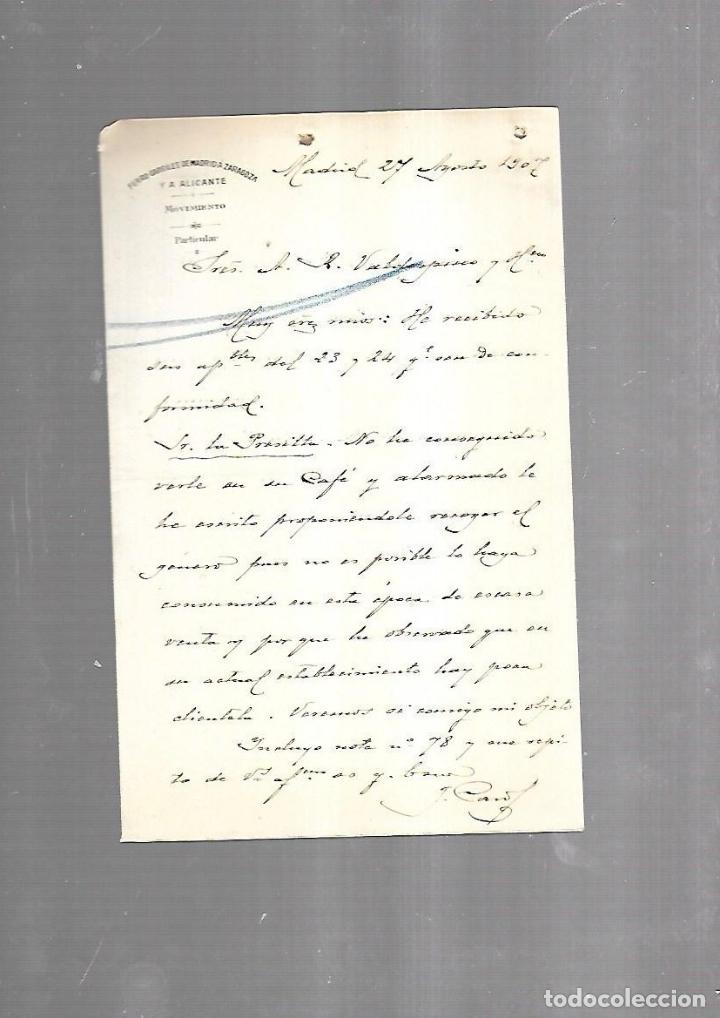 Documenti antichi: CARTA COMERCIAL. FERROCARRILES DE MADRID A ZARAGOZA Y ALICANTE. SERVICIO DEL MOVIMIENTO. 1910