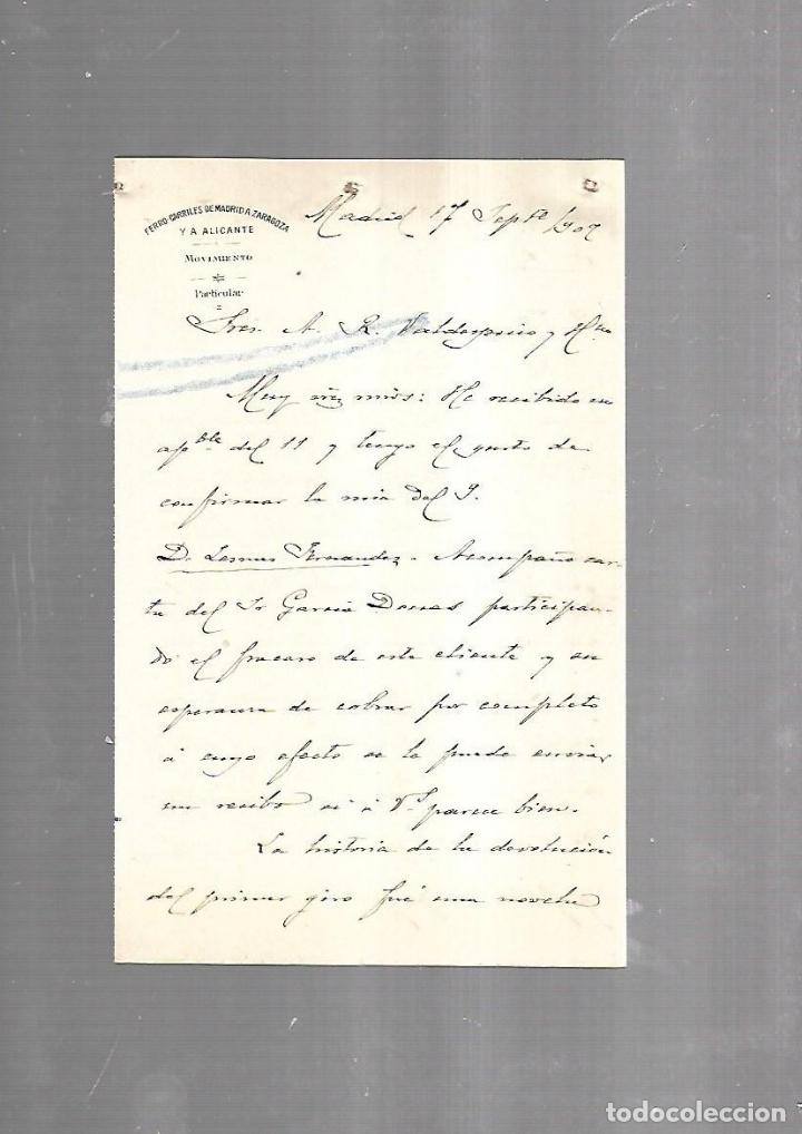 Documenti antichi: CARTA COMERCIAL. FERROCARRILES DE MADRID A ZARAGOZA Y ALICANTE. SERVICIO DEL MOVIMIENTO. 1910