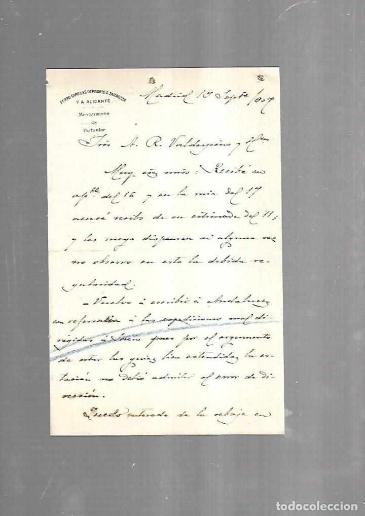 Documenti antichi: CARTA COMERCIAL. FERROCARRILES DE MADRID A ZARAGOZA Y ALICANTE. SERVICIO DEL MOVIMIENTO. 1910