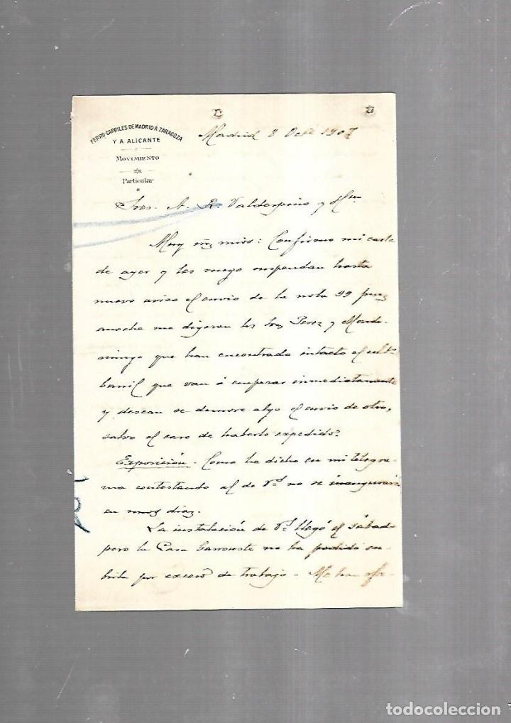 Documenti antichi: CARTA COMERCIAL. FERROCARRILES DE MADRID A ZARAGOZA Y ALICANTE. SERVICIO DEL MOVIMIENTO. 1910