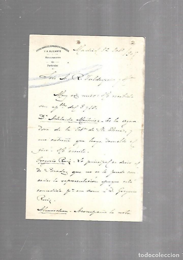 Documenti antichi: CARTA COMERCIAL. FERROCARRILES DE MADRID A ZARAGOZA Y ALICANTE. SERVICIO DEL MOVIMIENTO. 1910
