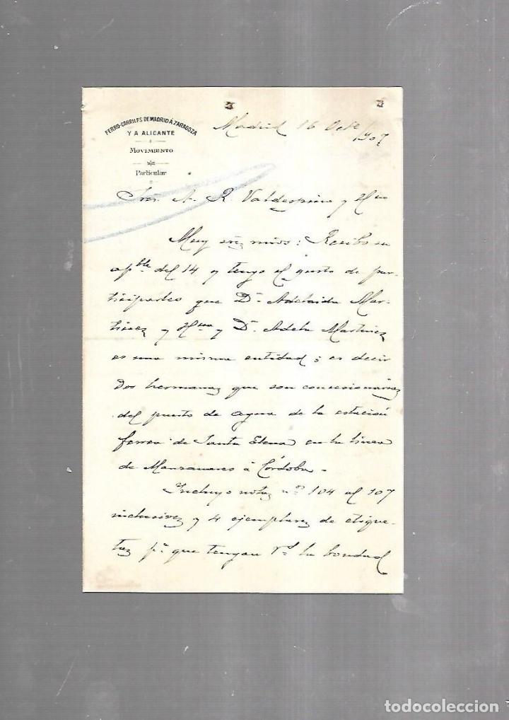 Documenti antichi: CARTA COMERCIAL. FERROCARRILES DE MADRID A ZARAGOZA Y ALICANTE. SERVICIO DEL MOVIMIENTO. 1910