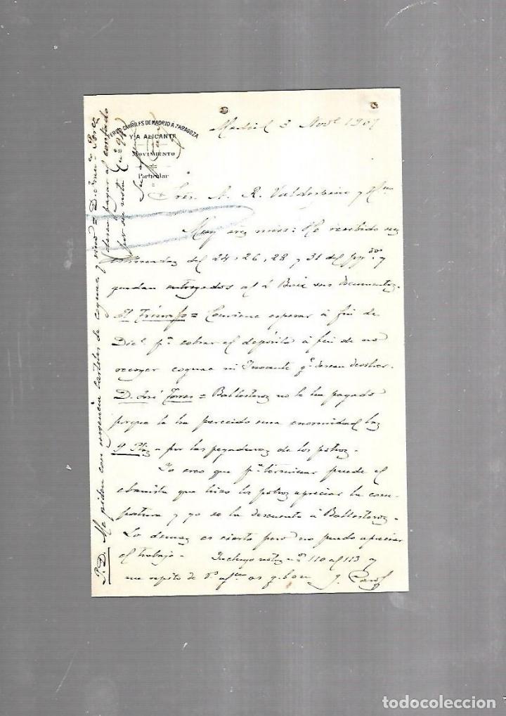 Documenti antichi: CARTA COMERCIAL. FERROCARRILES DE MADRID A ZARAGOZA Y ALICANTE. SERVICIO DEL MOVIMIENTO. 1910