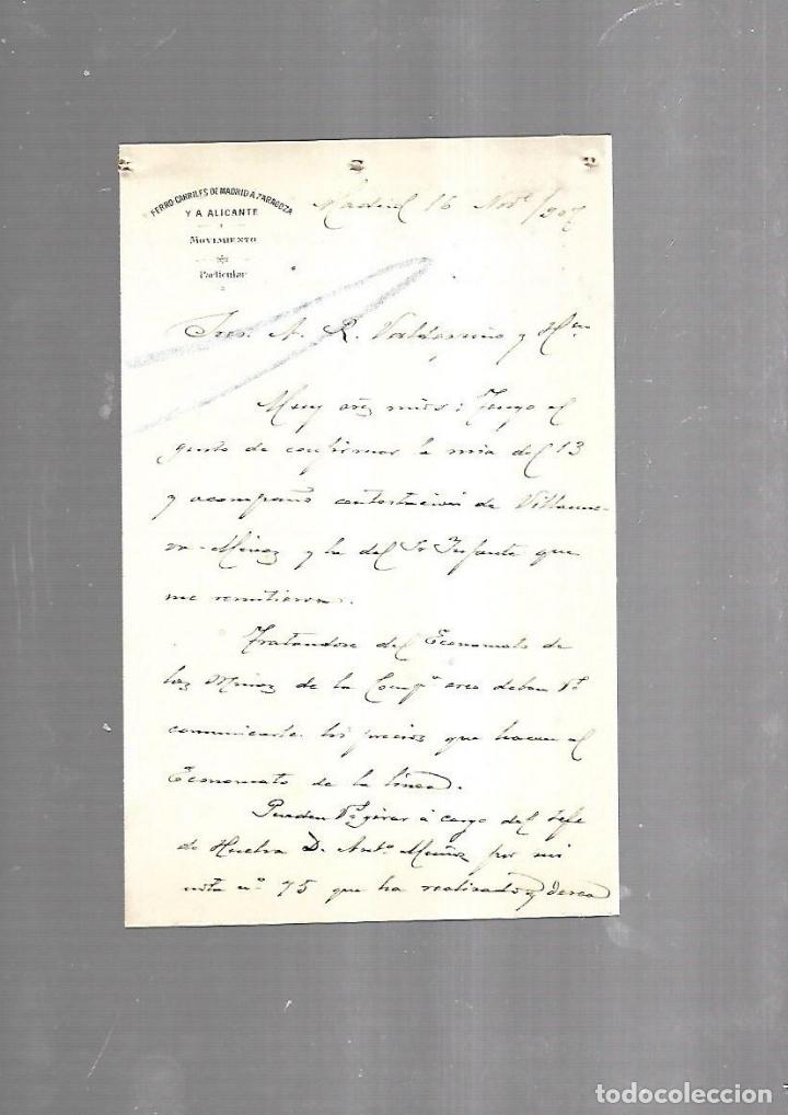 Documenti antichi: CARTA COMERCIAL. FERROCARRILES DE MADRID A ZARAGOZA Y ALICANTE. SERVICIO DEL MOVIMIENTO. 1910