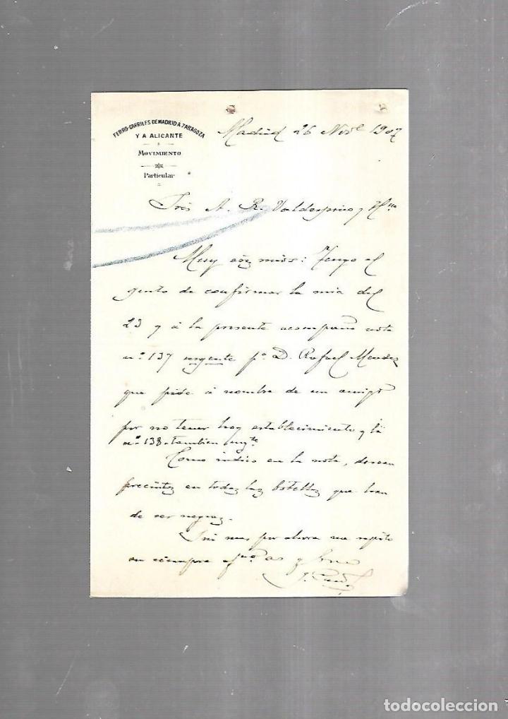 Documenti antichi: CARTA COMERCIAL. FERROCARRILES DE MADRID A ZARAGOZA Y ALICANTE. SERVICIO DEL MOVIMIENTO. 1910