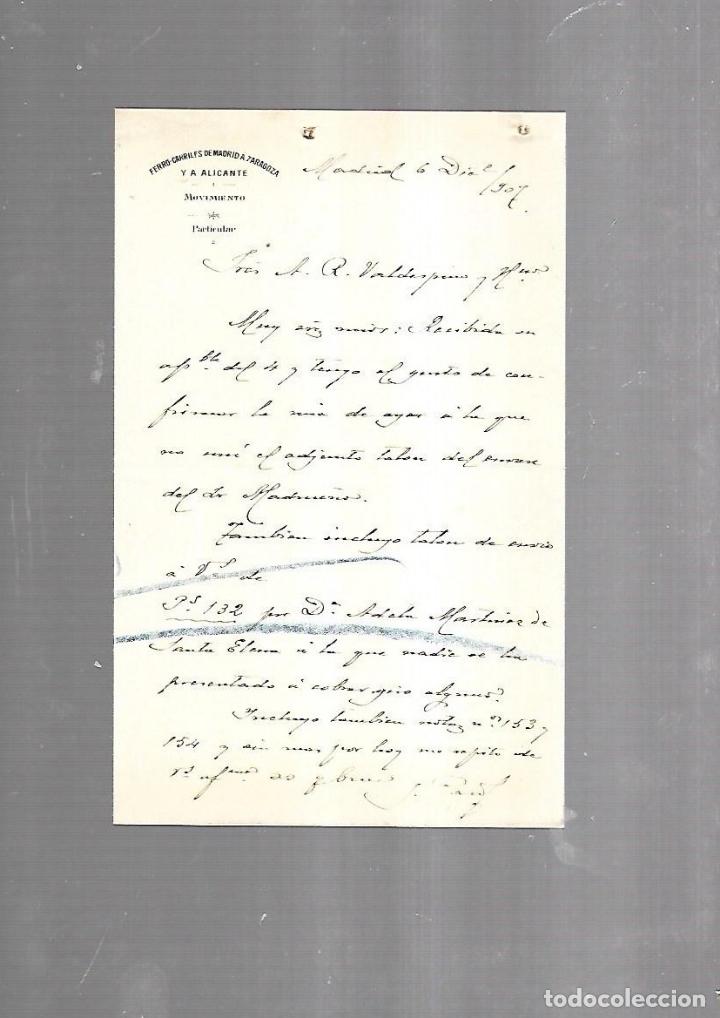 Alte Dokumente: CARTA COMERCIAL. FERROCARRILES DE MADRID A ZARAGOZA Y ALICANTE. SERVICIO DEL MOVIMIENTO. 1910