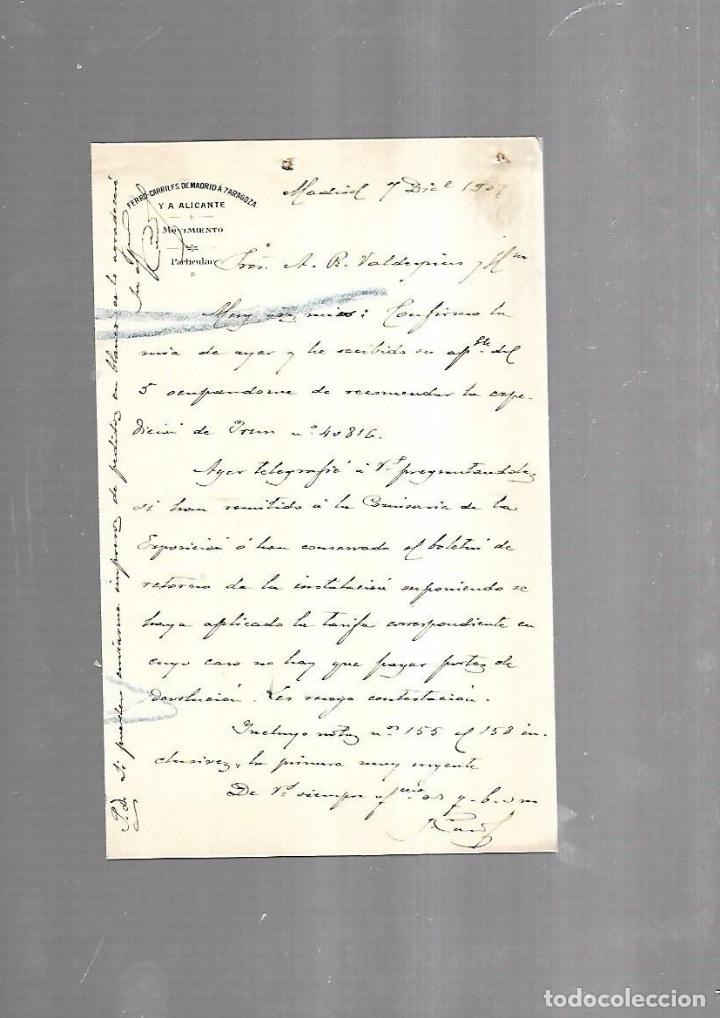 Alte Dokumente: CARTA COMERCIAL. FERROCARRILES DE MADRID A ZARAGOZA Y ALICANTE. SERVICIO DEL MOVIMIENTO. 1910