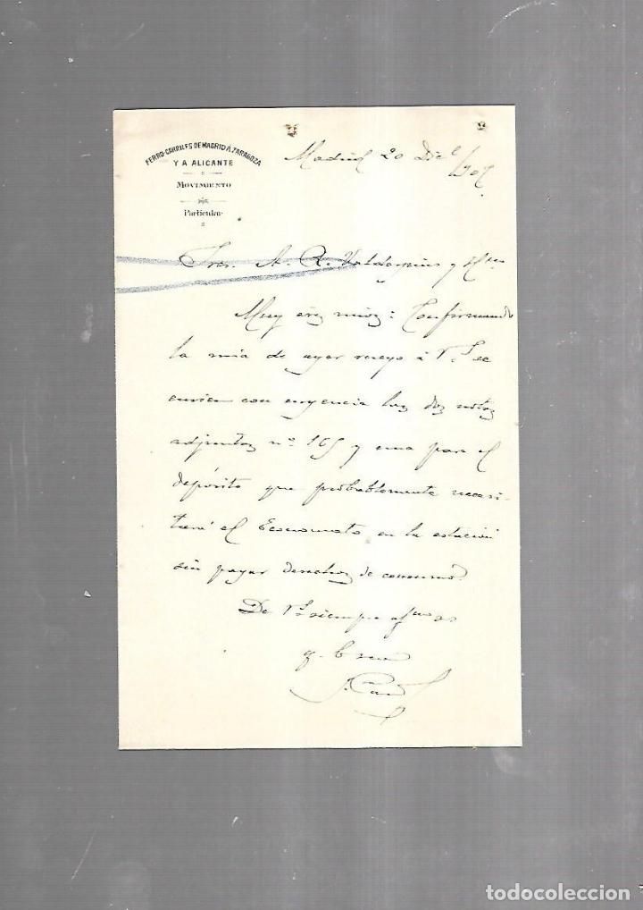 Alte Dokumente: CARTA COMERCIAL. FERROCARRILES DE MADRID A ZARAGOZA Y ALICANTE. SERVICIO DEL MOVIMIENTO. 1910