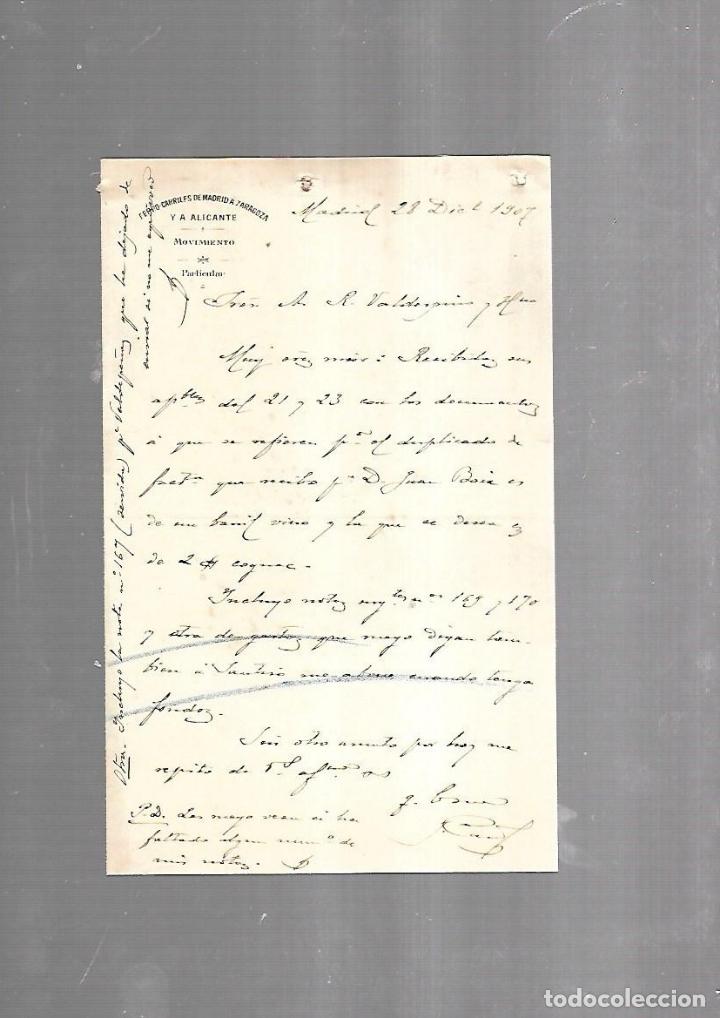 Alte Dokumente: CARTA COMERCIAL. FERROCARRILES DE MADRID A ZARAGOZA Y ALICANTE. SERVICIO DEL MOVIMIENTO. 1910