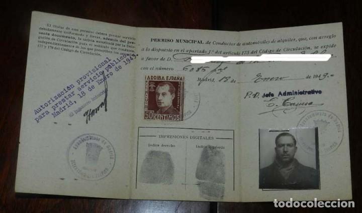 Documenti antichi: PERMISO MUNICIPAL DE CONDUCTOR DE VEHICULOS DE ALQUILER 1943, AYUNTAMIENTO DE MADRID, DELEGACION DE