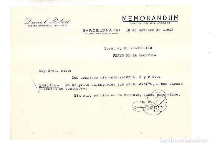 Documentos antiguos: MEMORANDUM. DANIEL ROBERT. AGENTE COMERCIAL. BARCELONA. 1952